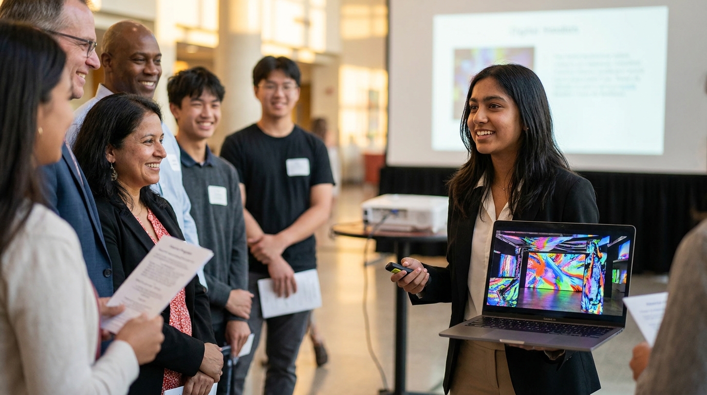 A high school student presenting a project to parents and peers at a summer showcase